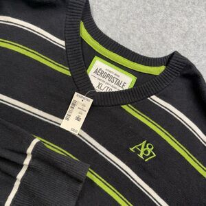 Y2K Aeropostale Men's XL A87 Striped Knit V Neck Pullover Sweater Black Green
